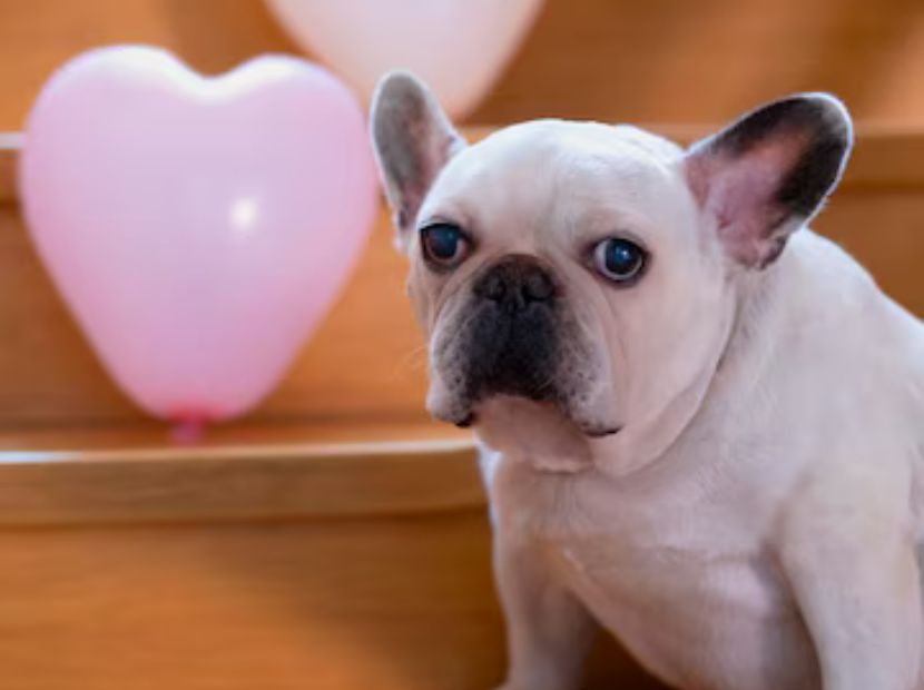 A dog standing in front of a balloon heart
