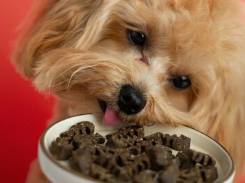 A puppy dog having its diet
