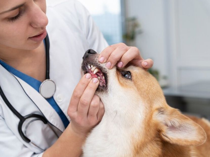 A vet checking the mouth of dog