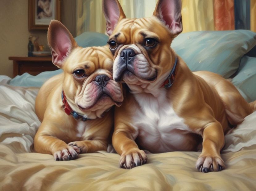 a french bulldog couple sitting on a bed