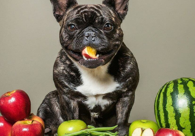 A french bulldog sitting with fruits that are safe to him