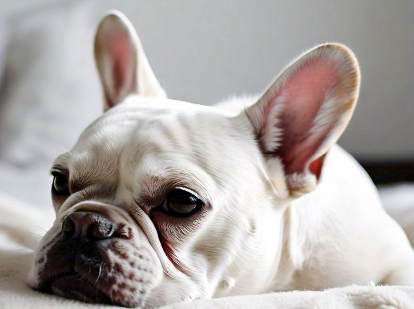 A sick white frenchie laying!