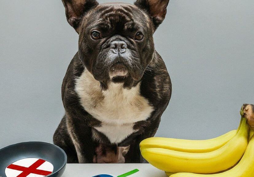 A frenchie sitting with a banana and a thermometer!