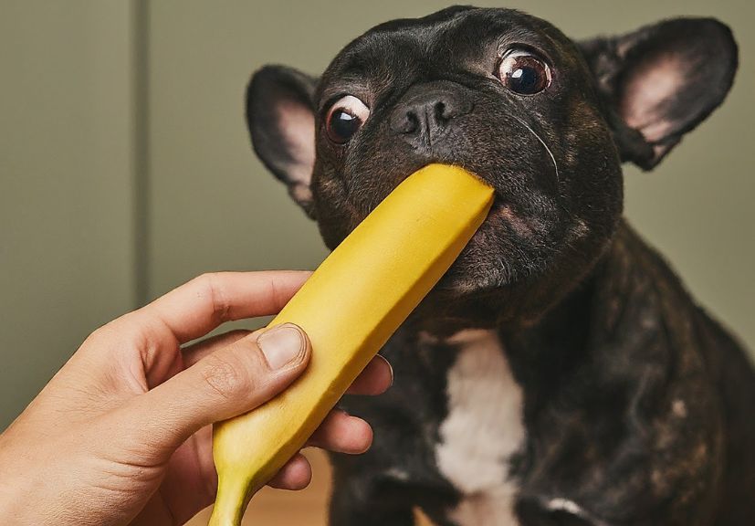 a frenchie puppy eating raw banana!