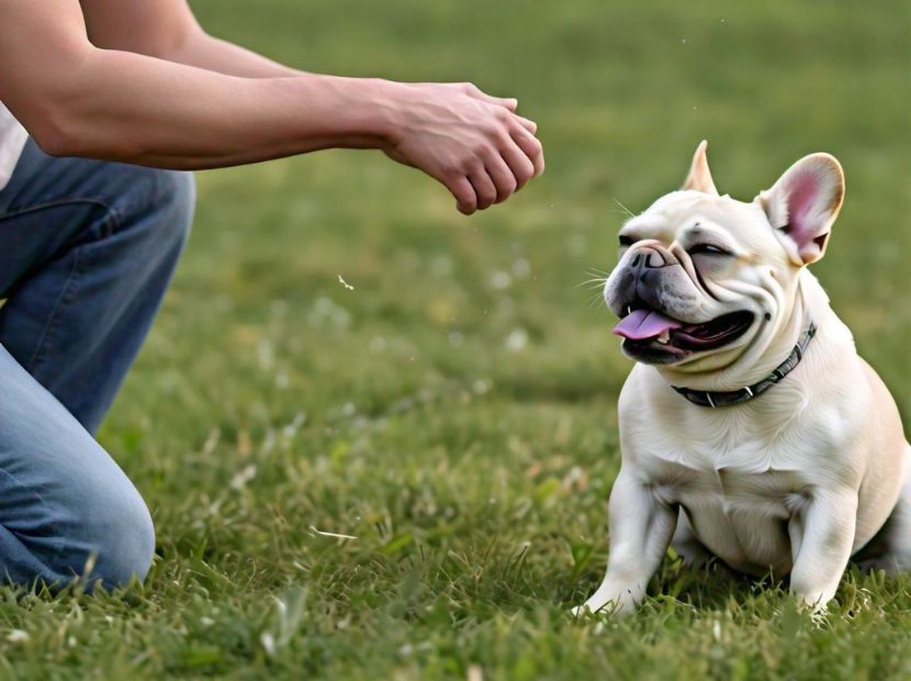 A man playing with french bulldog