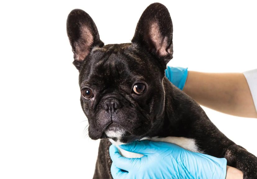 A vet checking a french bulldog