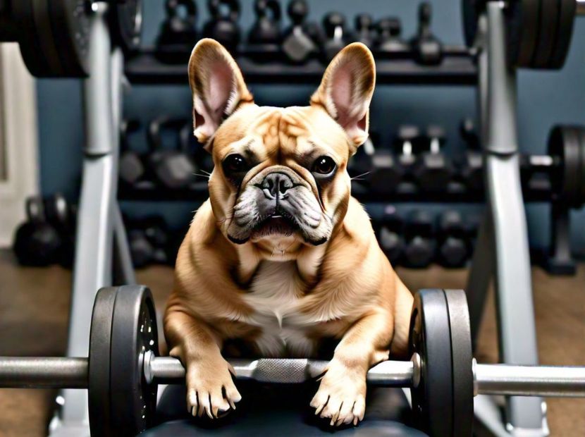 a frenchie sitting on manual weight machine!