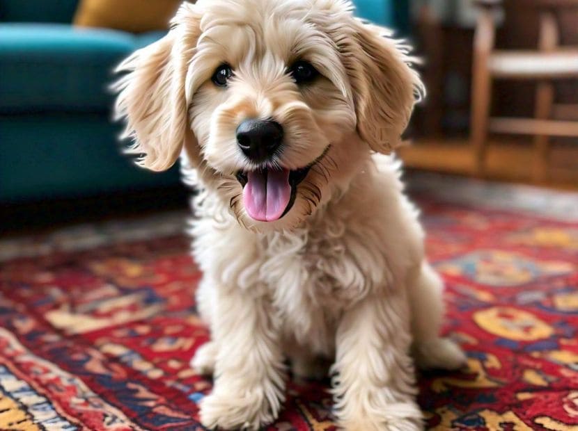 a dog sitting on the carpet