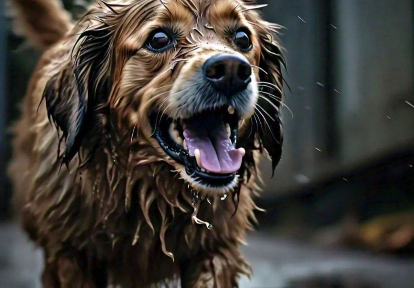 dog breathing fast: a wet and tired dog breathing heavily