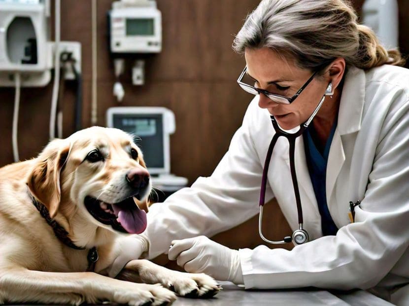 a vet examining a heavily breathing dog