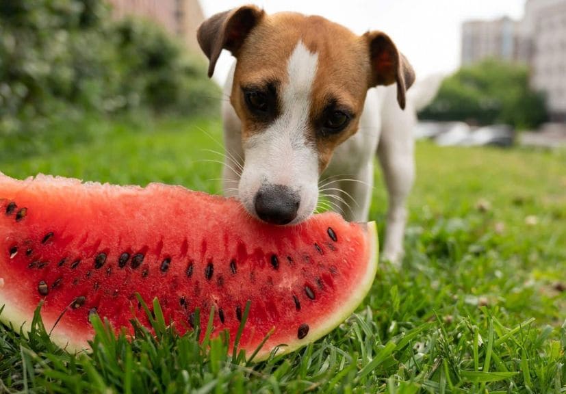 can dogs eat watermelon? A dog eating watermelon piece!