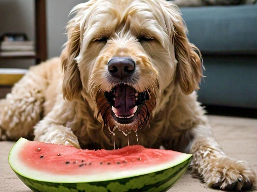 a dog eating watermelon and vomiting