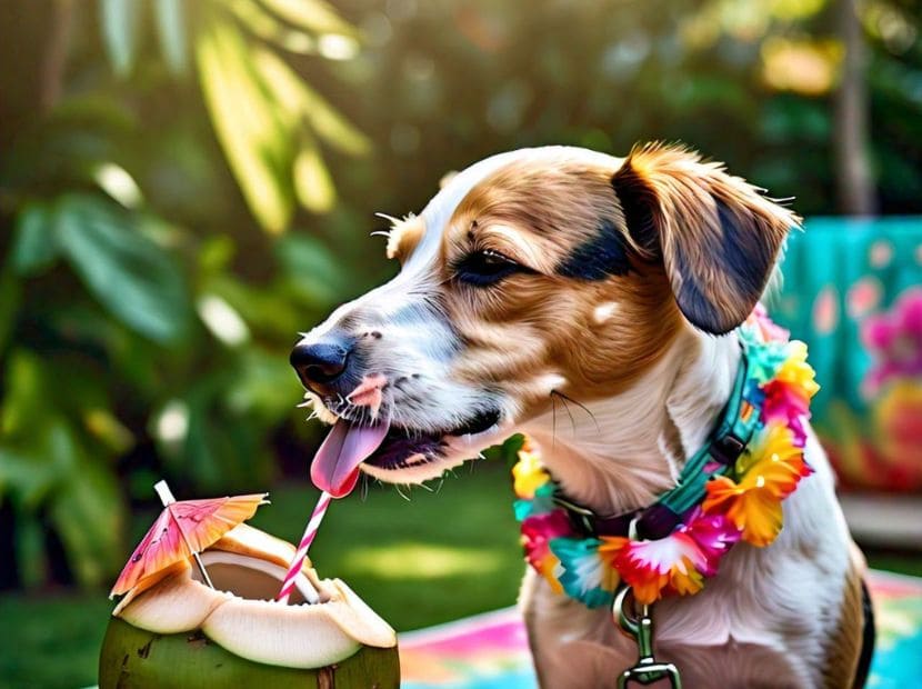 a dog having coconut water with the help of a straw